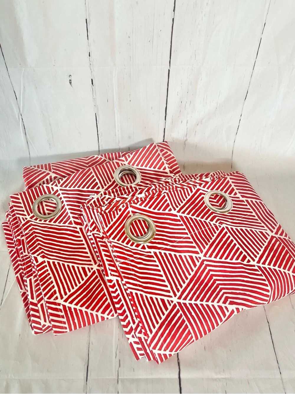IKEA PRARIEOXALIS Red and White Geometric Grommet Top Curtain Panel Set of Two